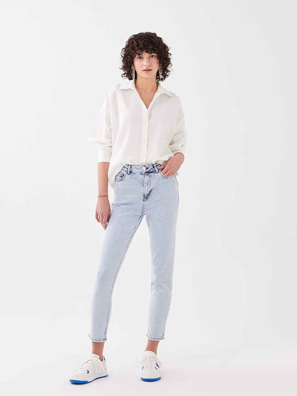 Mavi Yüksek Bel Slim Mom Kadın Jean Pantolon-1