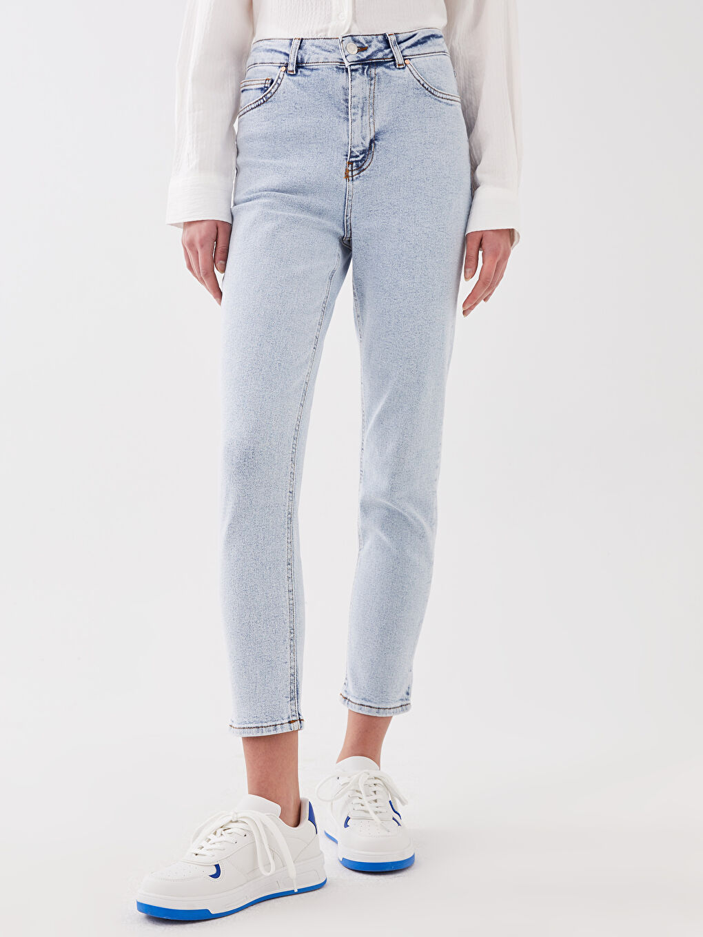 Mavi Yüksek Bel Slim Mom Kadın Jean Pantolon-2