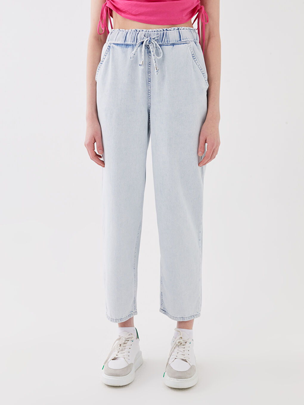 Women's Elastic Waist Slouchy Straight Jeans-2