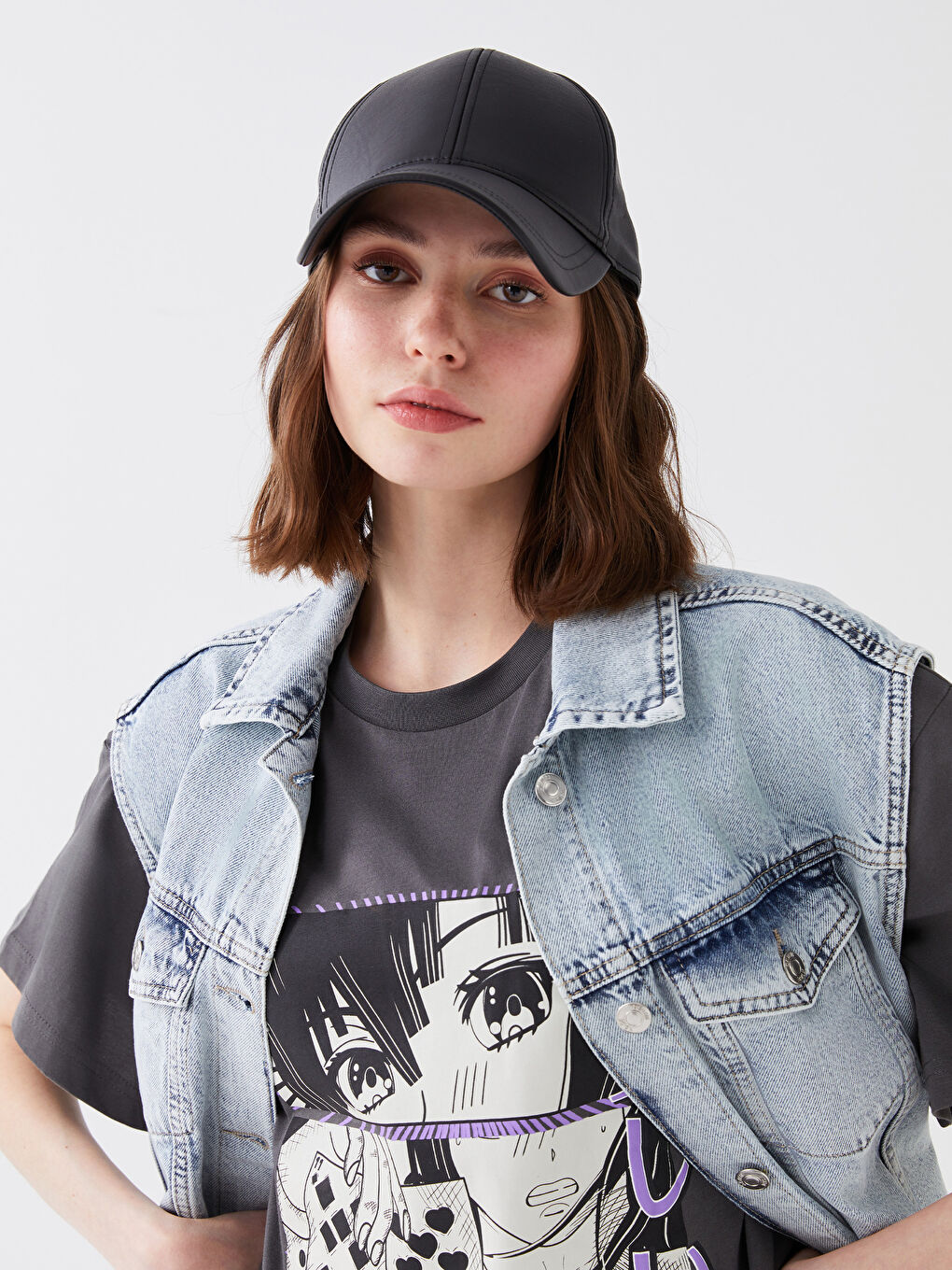 Vestă din denim cu guler pentru femei-1