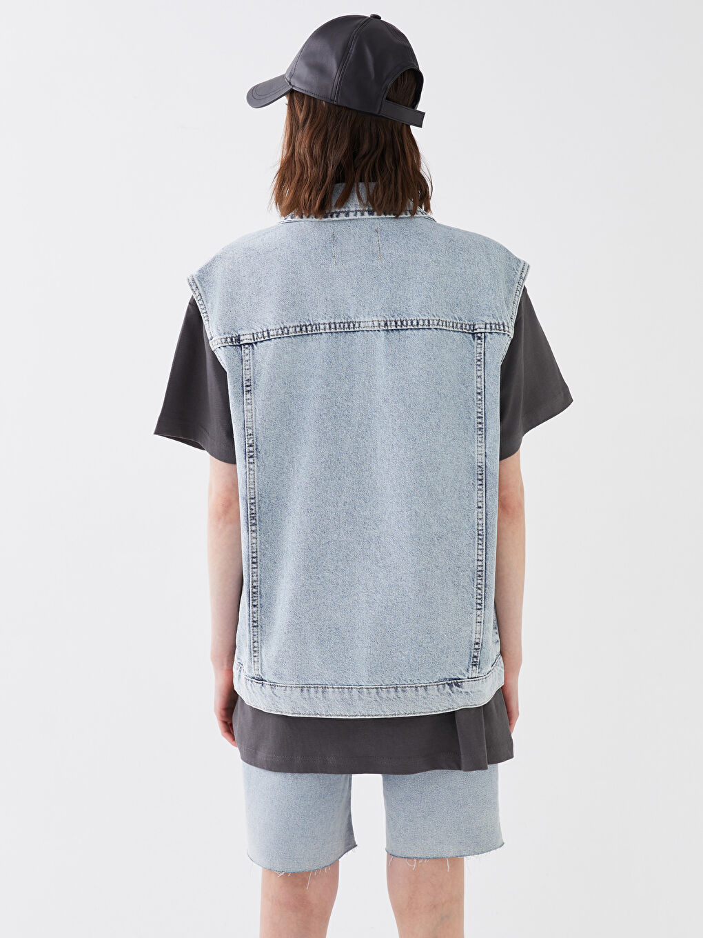 Vestă din denim cu guler pentru femei-4