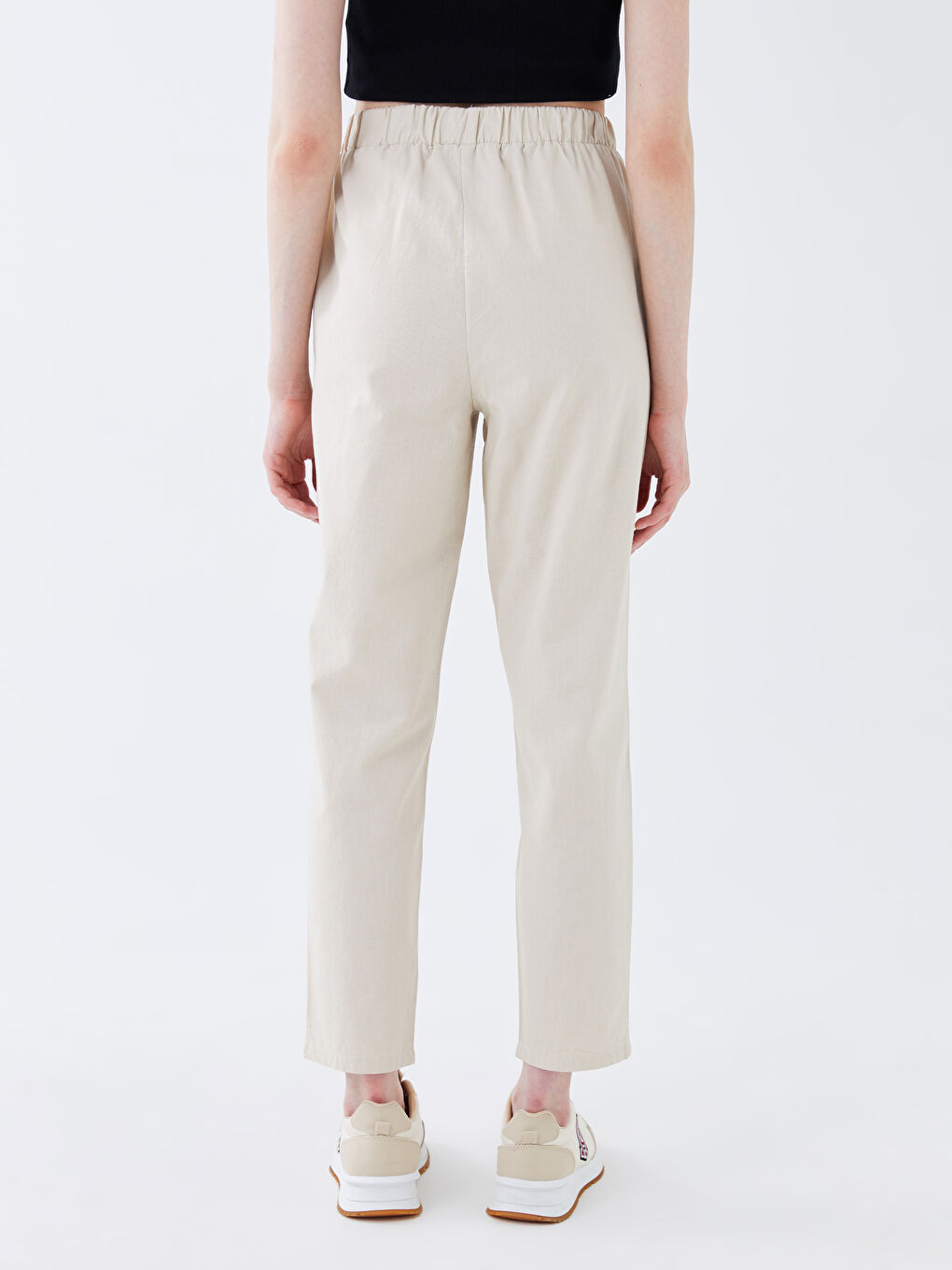 Bej Havuç Kesim Düz Keten Kadın Pantolon-4