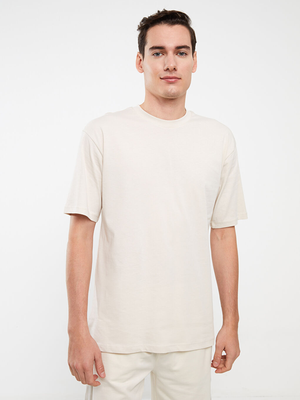 Bej Bisiklet Yaka Penye Erkek Tişört-1