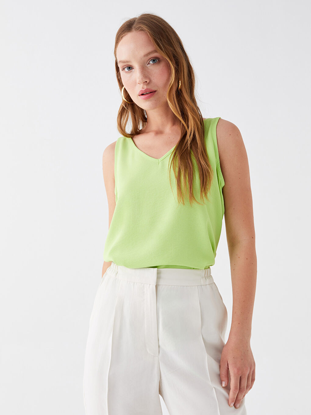 Yeşil Kadın V Yaka Düz Bluz-1