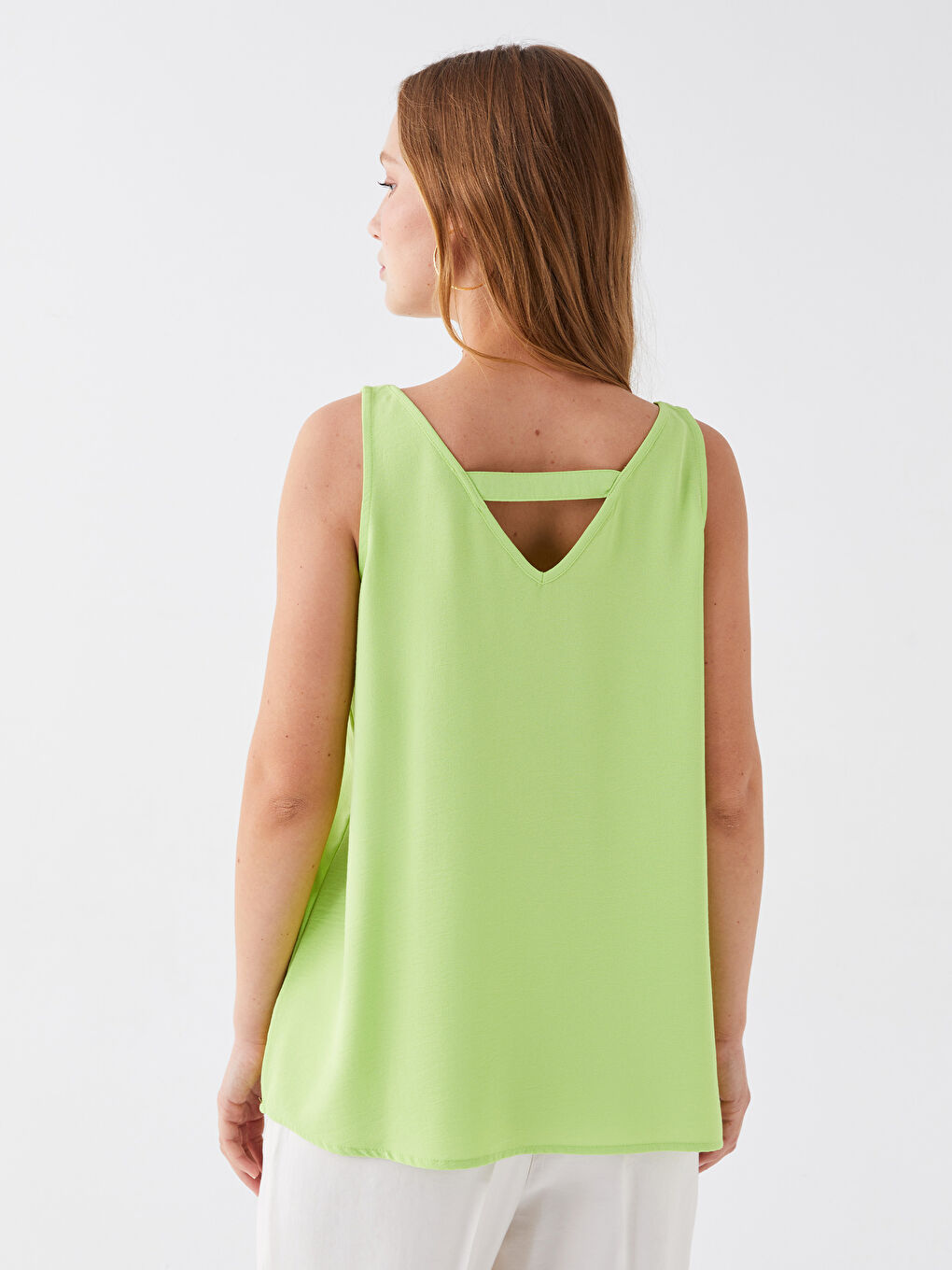 Yeşil Kadın V Yaka Düz Bluz-4