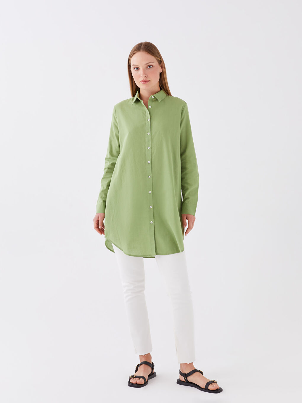 Yeşil Düz Uzun Kollu Kadın Gömlek Tunik