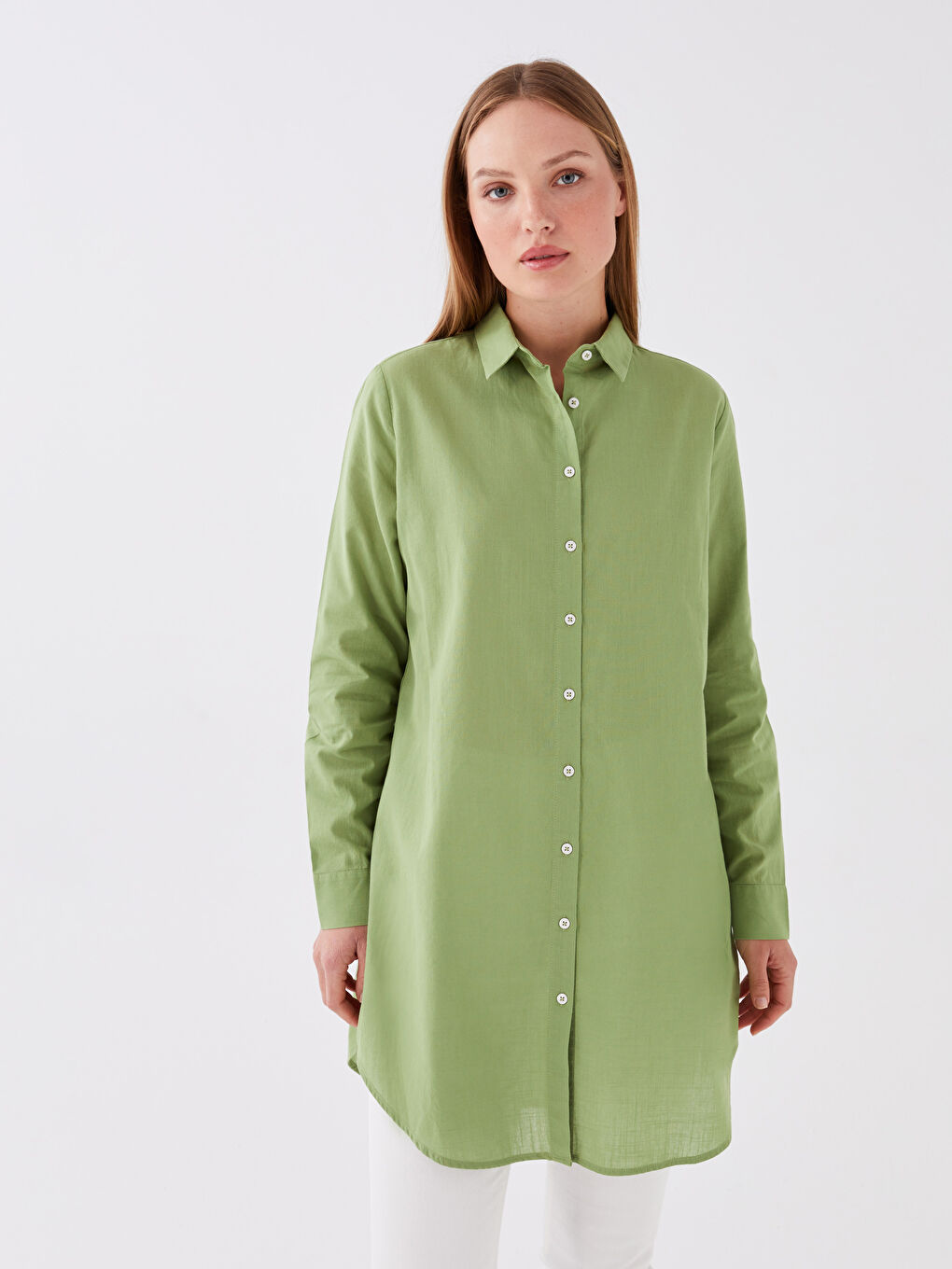 Yeşil Düz Uzun Kollu Kadın Gömlek Tunik-1