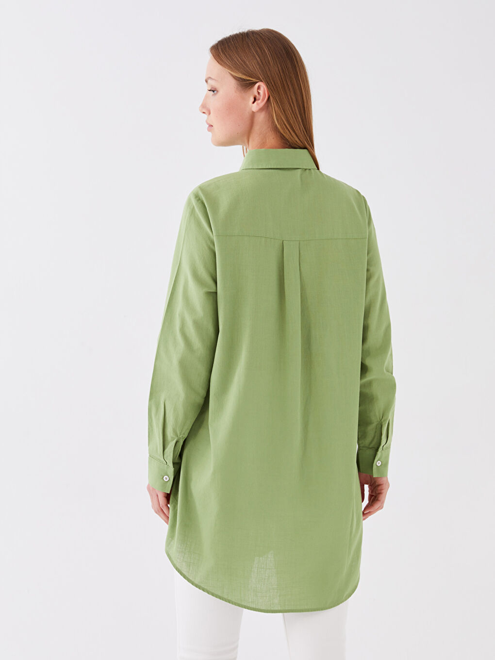 Yeşil Düz Uzun Kollu Kadın Gömlek Tunik-3