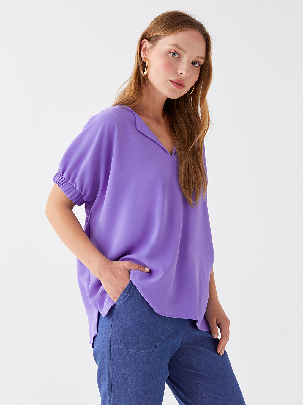 Notch Neck Plain Short Sleeve Women's Blouse-1