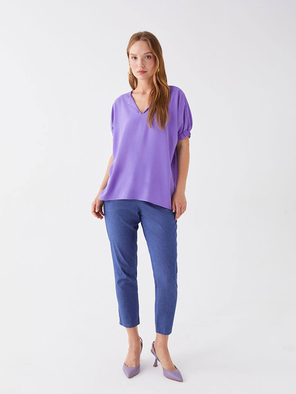 Notch Neck Plain Short Sleeve Women's Blouse-2