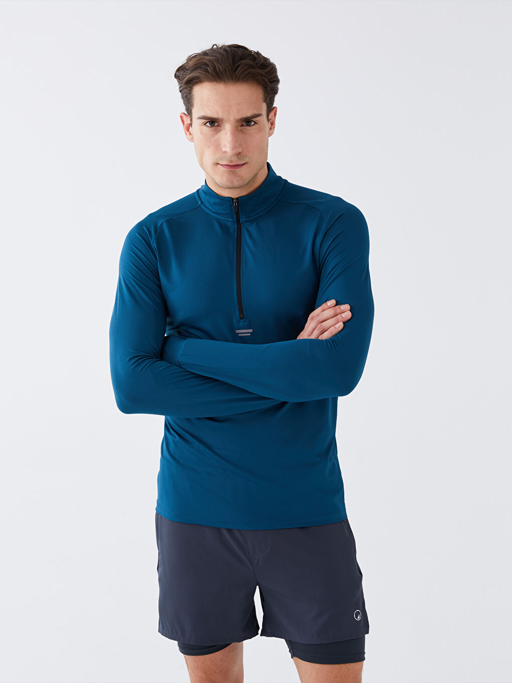 Petrol Dik Yaka Uzun Kollu Erkek Spor Tişört-1