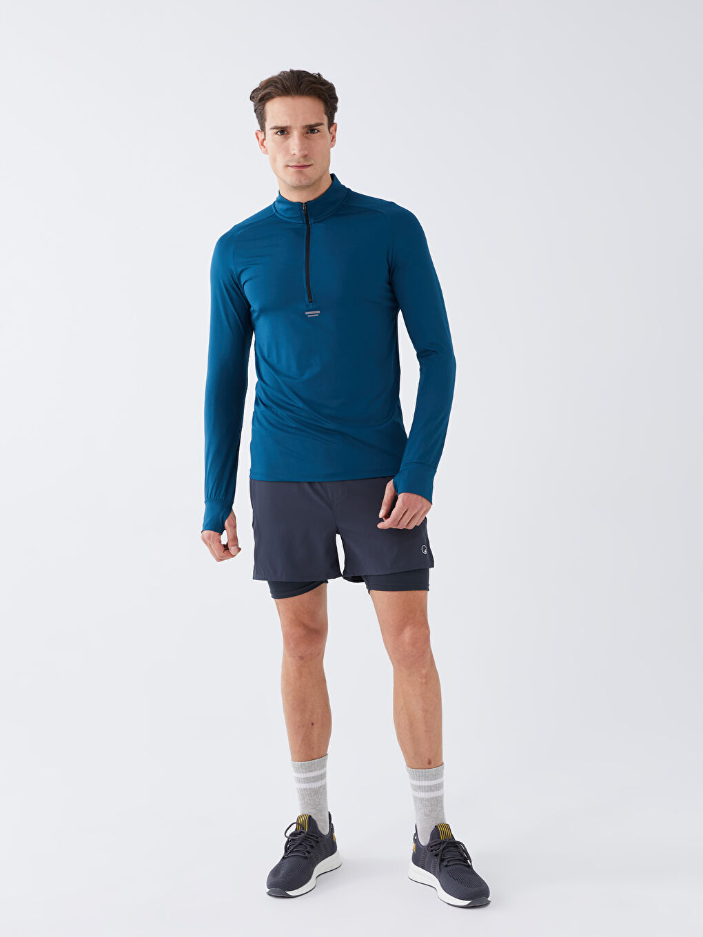 Petrol Dik Yaka Uzun Kollu Erkek Spor Tişört-2