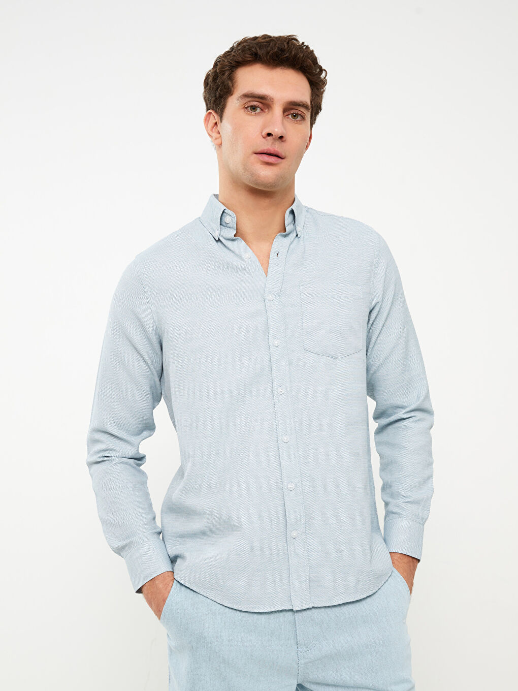 قميص رجالي كم طويل بقماش دوبي بقصة عادية-1