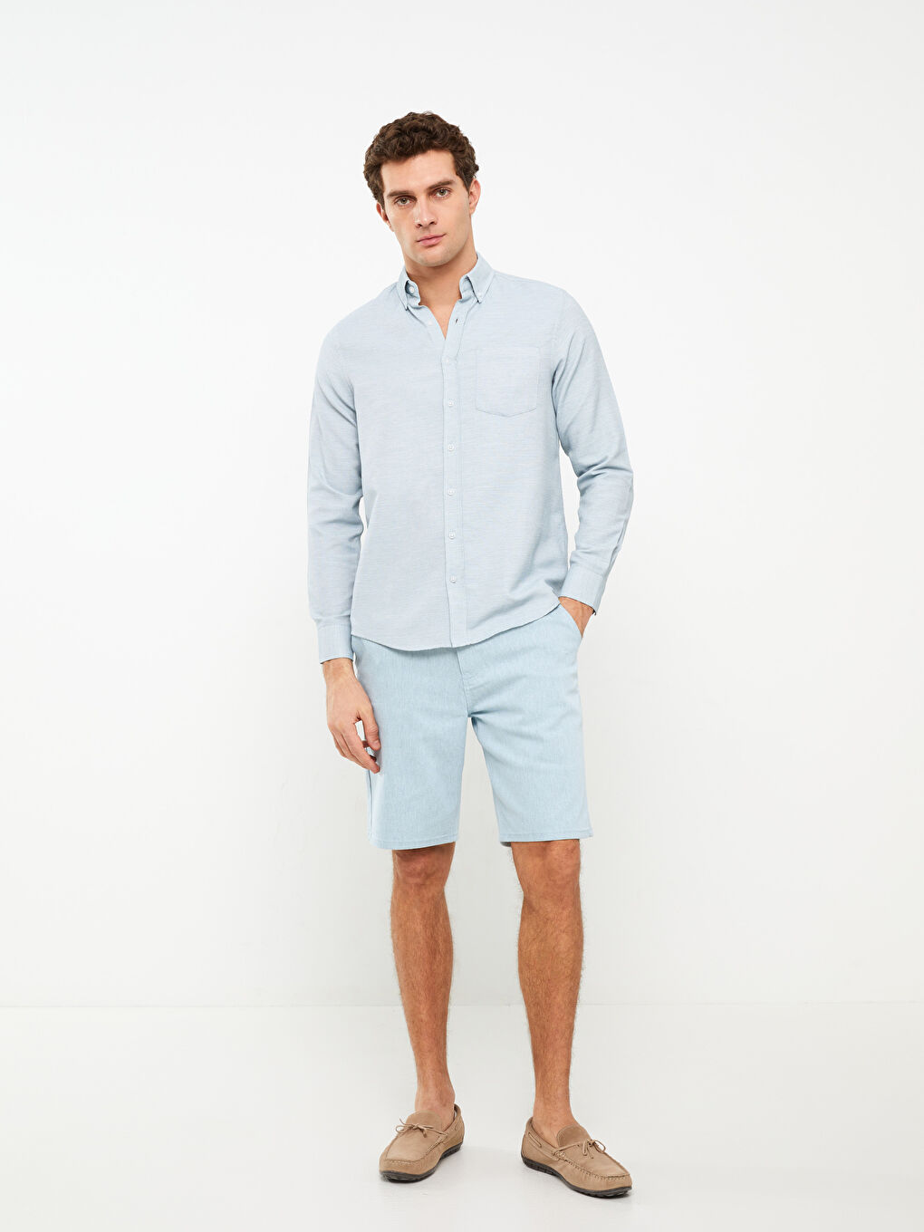 قميص رجالي كم طويل بقماش دوبي بقصة عادية-2