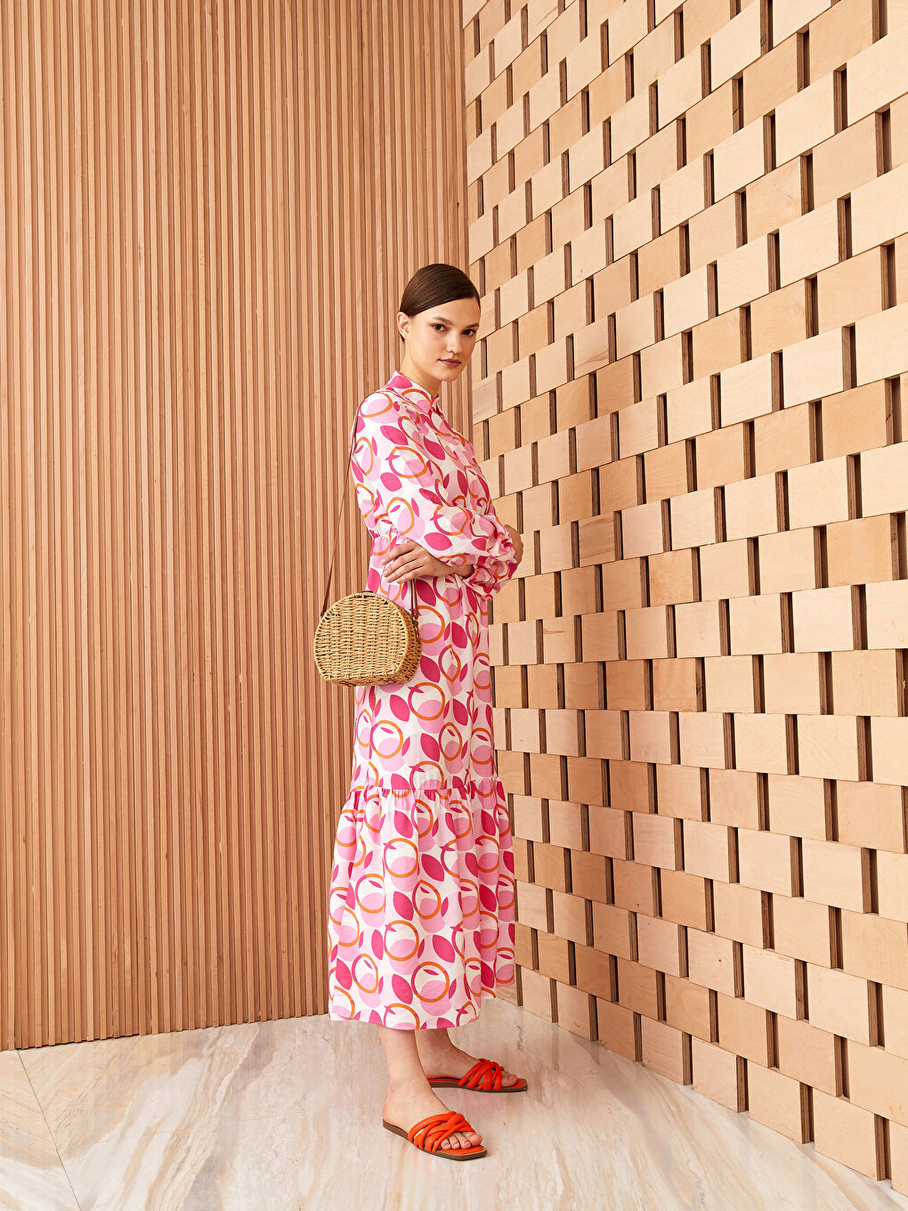 فستان قميص كم طويل منقوش للسيدات-1