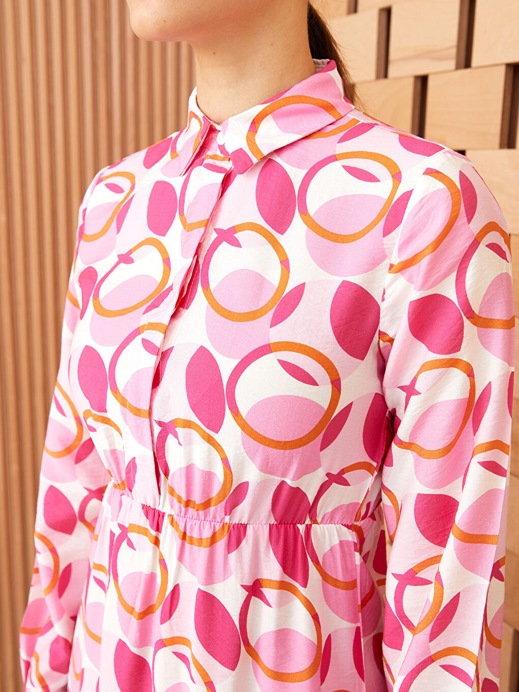 فستان قميص كم طويل منقوش للسيدات-3