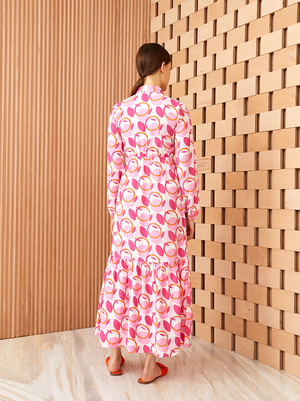 فستان قميص كم طويل منقوش للسيدات-4