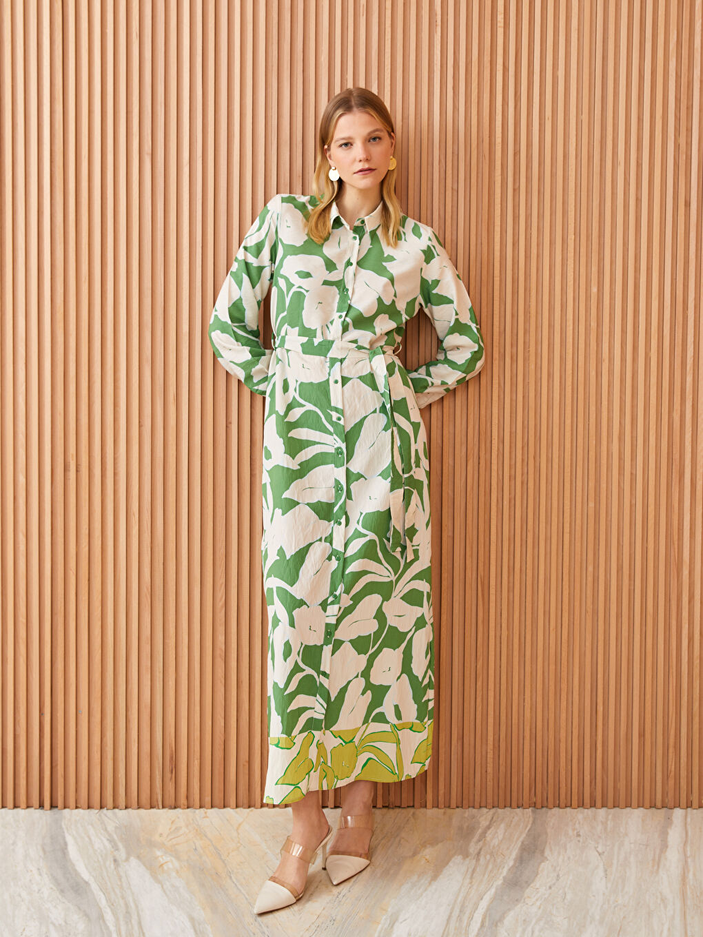 Yeşil Çiçekli Uzun Kollu Kadın Gömlek Elbise