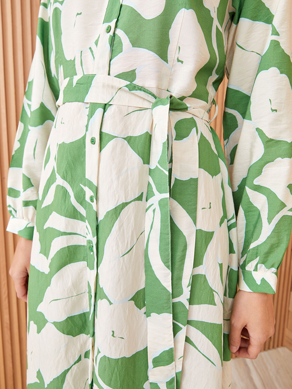 Yeşil Çiçekli Uzun Kollu Kadın Gömlek Elbise-2