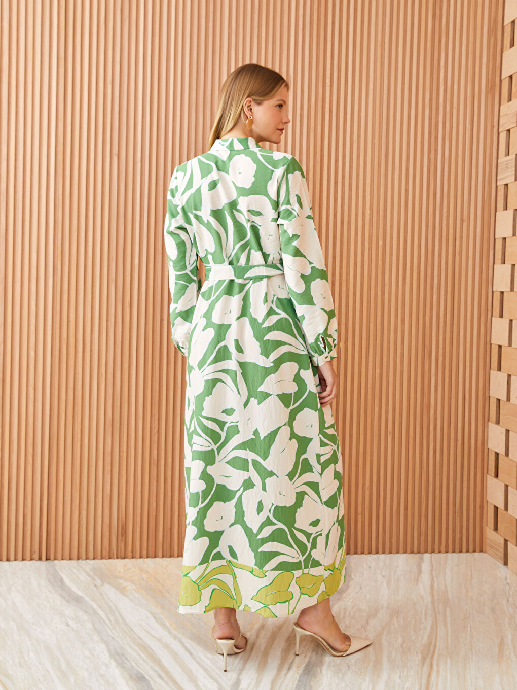 Yeşil Çiçekli Uzun Kollu Kadın Gömlek Elbise-3