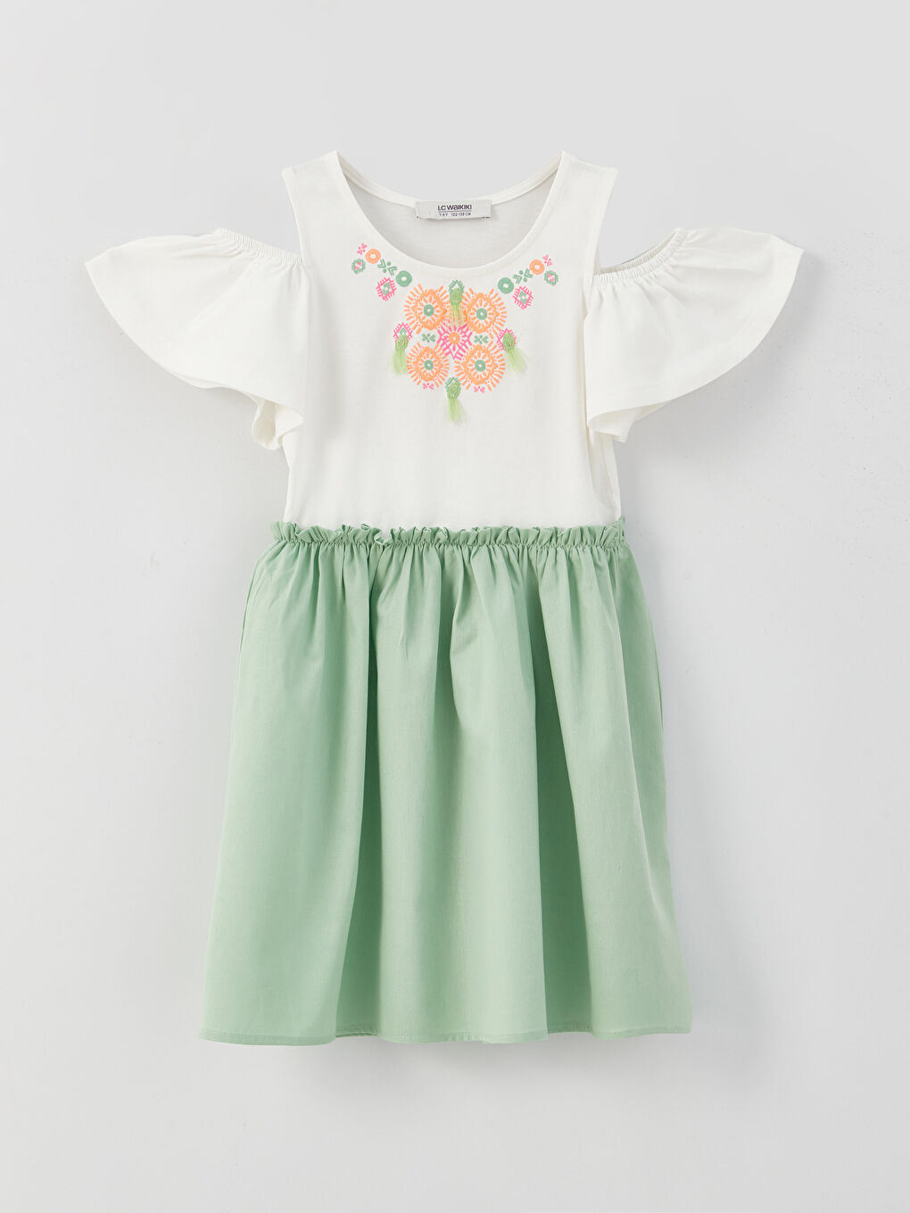 Ekru Bisiklet Yaka Baskılı Kısa Kollu Kız Çocuk Elbise