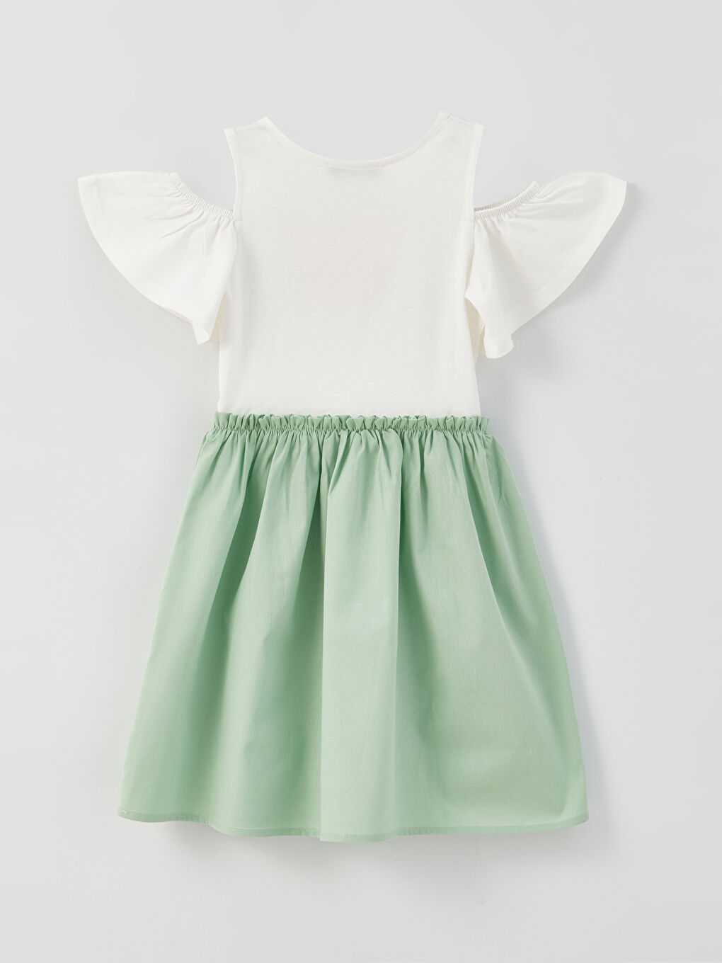 Ekru Bisiklet Yaka Baskılı Kısa Kollu Kız Çocuk Elbise-1