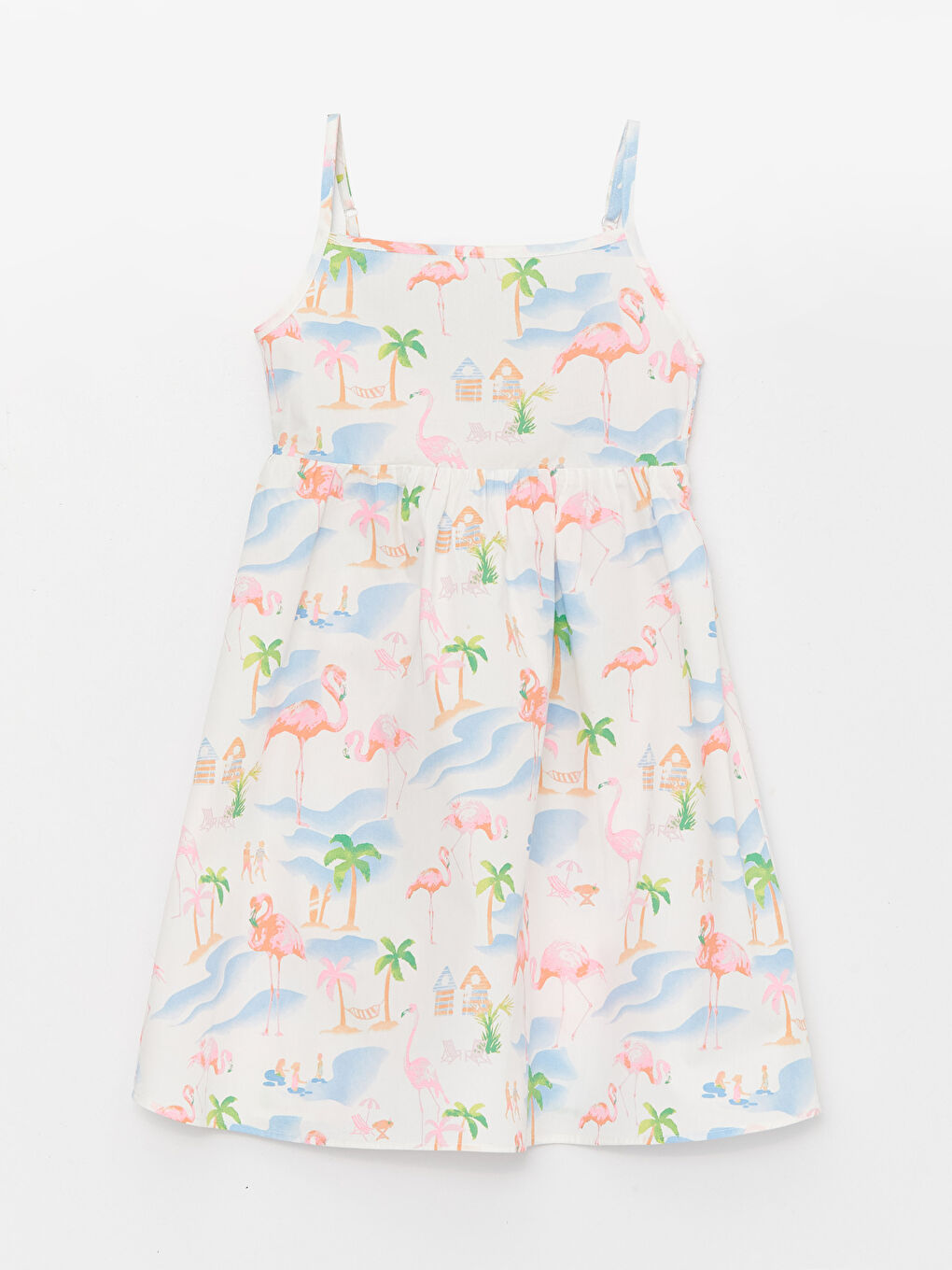 Ekru Kare Yaka Desenli Askılı Kız Çocuk Elbise