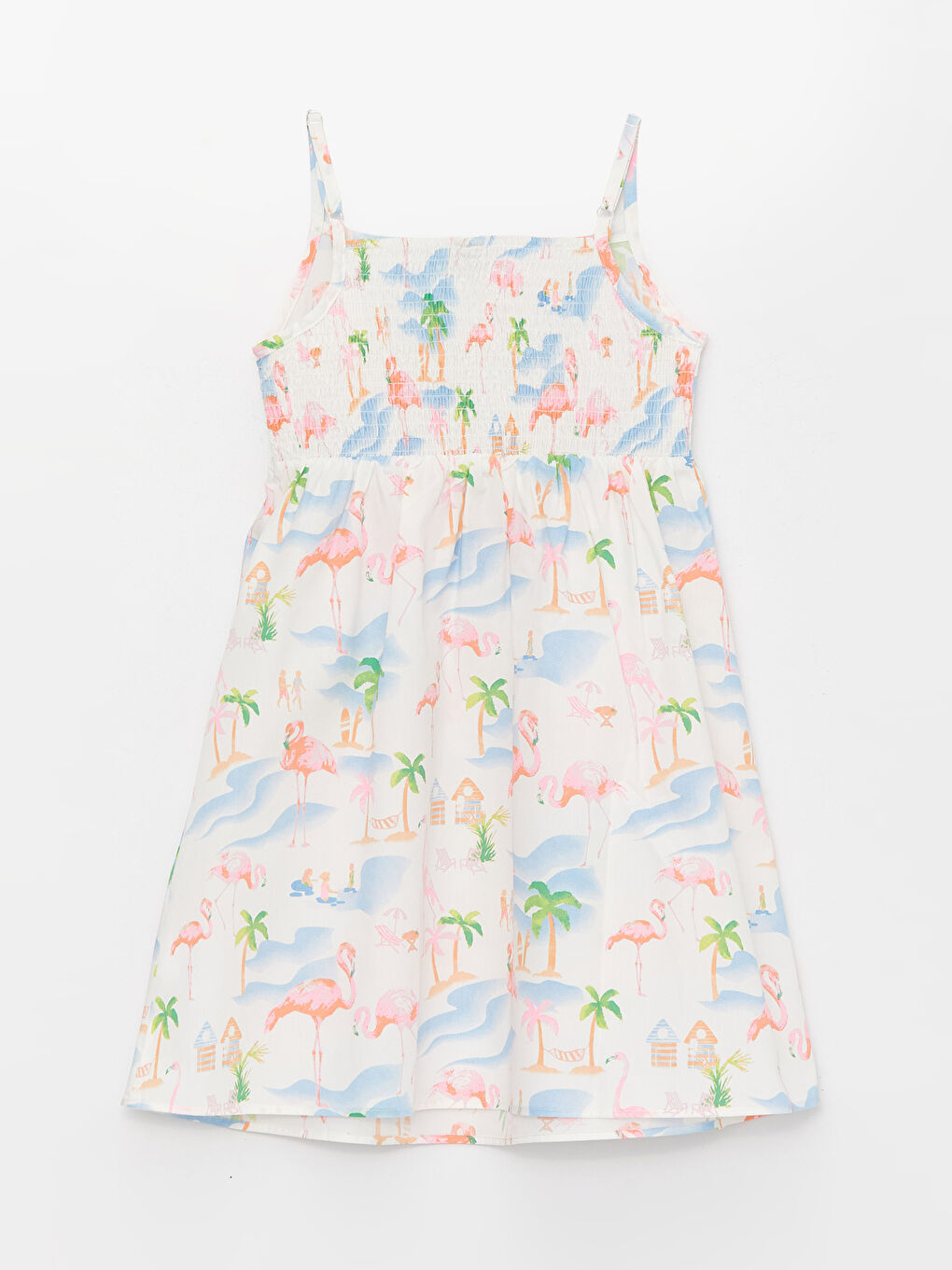 Ekru Kare Yaka Desenli Askılı Kız Çocuk Elbise-1