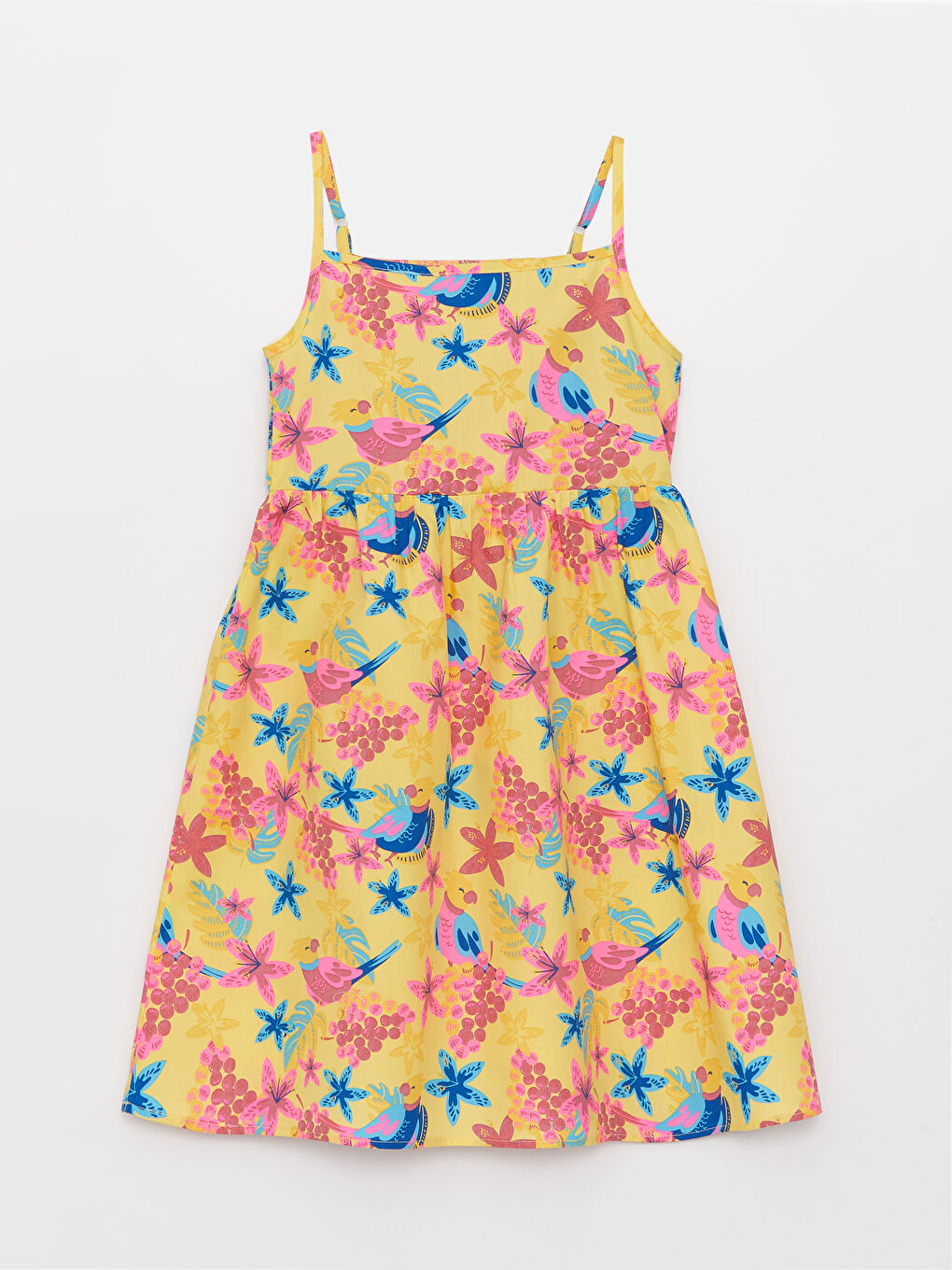 Sarı Kare Yaka Desenli Askılı Kız Çocuk Elbise