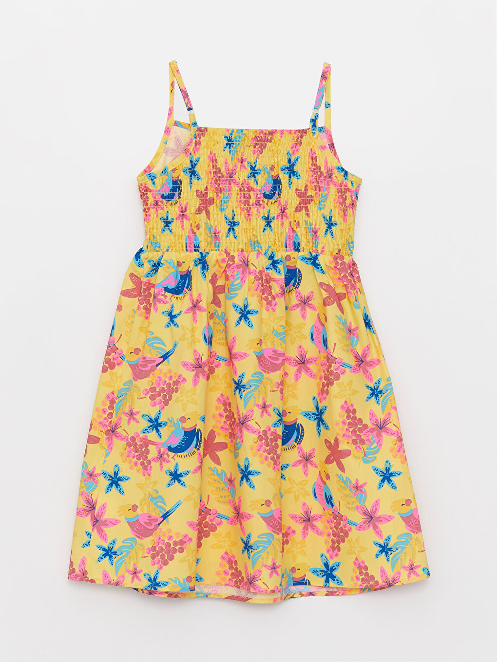 Sarı Kare Yaka Desenli Askılı Kız Çocuk Elbise-1