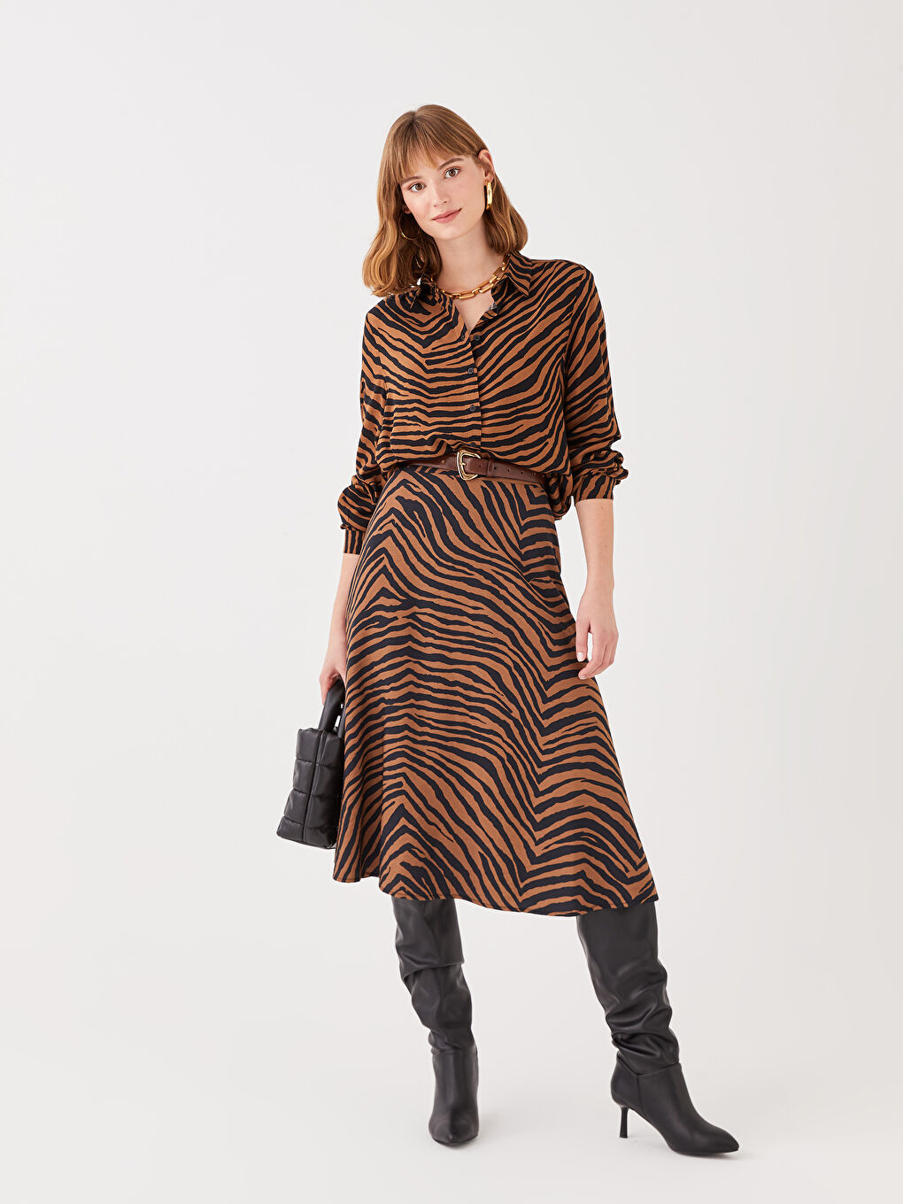 Kahverengi Desenli Uzun Kollu Kadın Gömlek-1