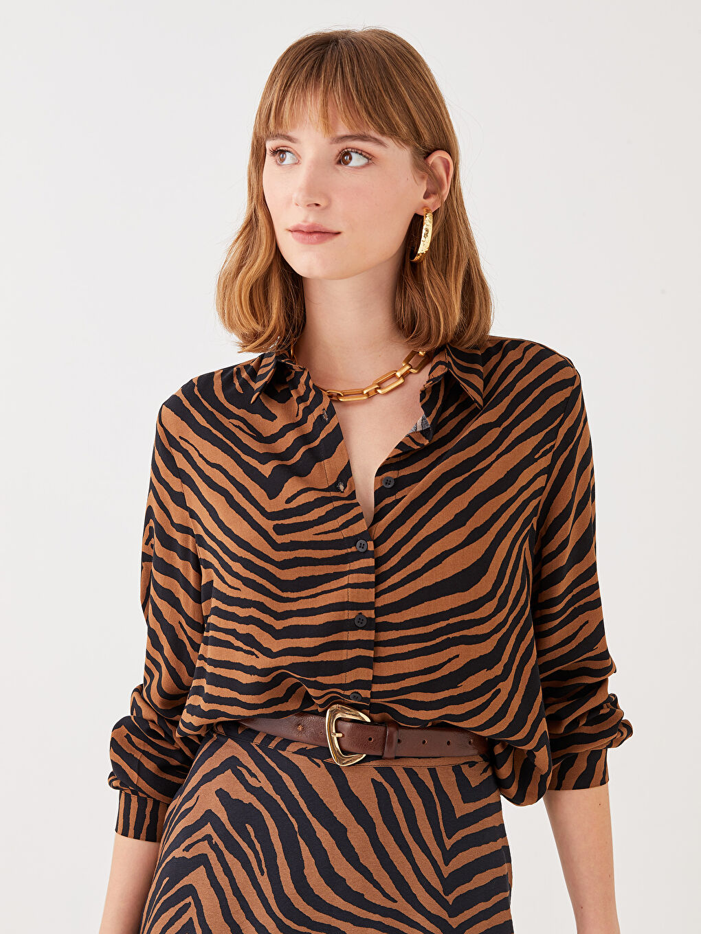 Kahverengi Desenli Uzun Kollu Kadın Gömlek-2