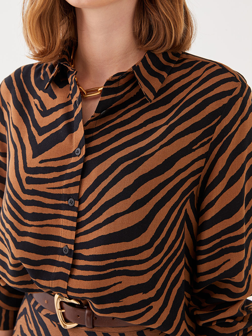 Kahverengi Desenli Uzun Kollu Kadın Gömlek-3