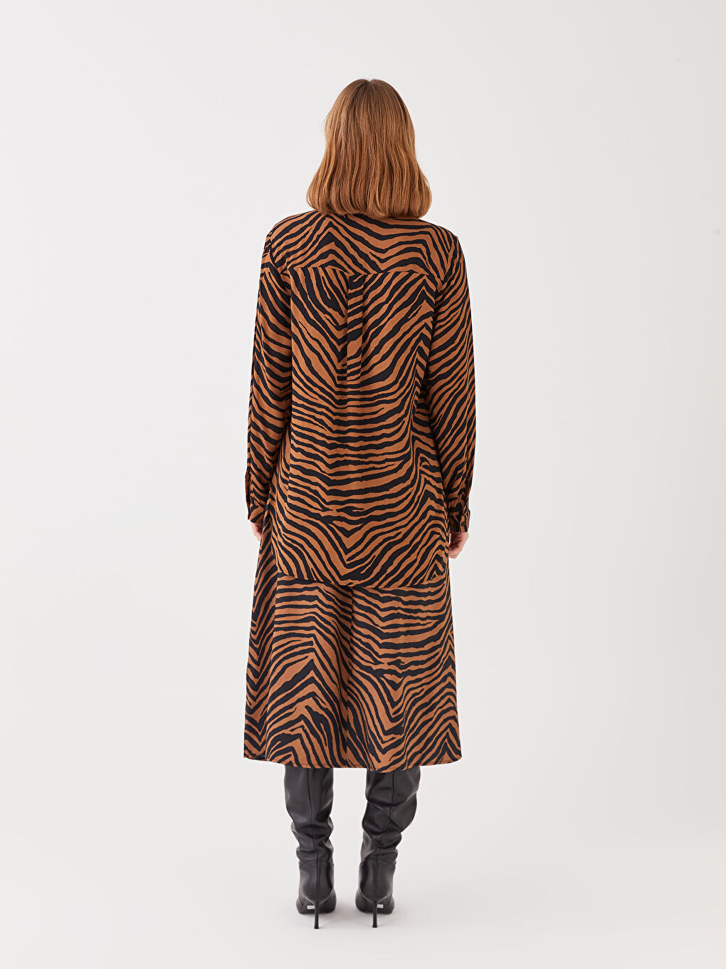 Kahverengi Desenli Uzun Kollu Kadın Gömlek-4