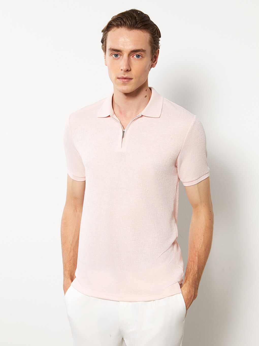 Pembe Polo Yaka Kısa Kollu Erkek Tişört-1