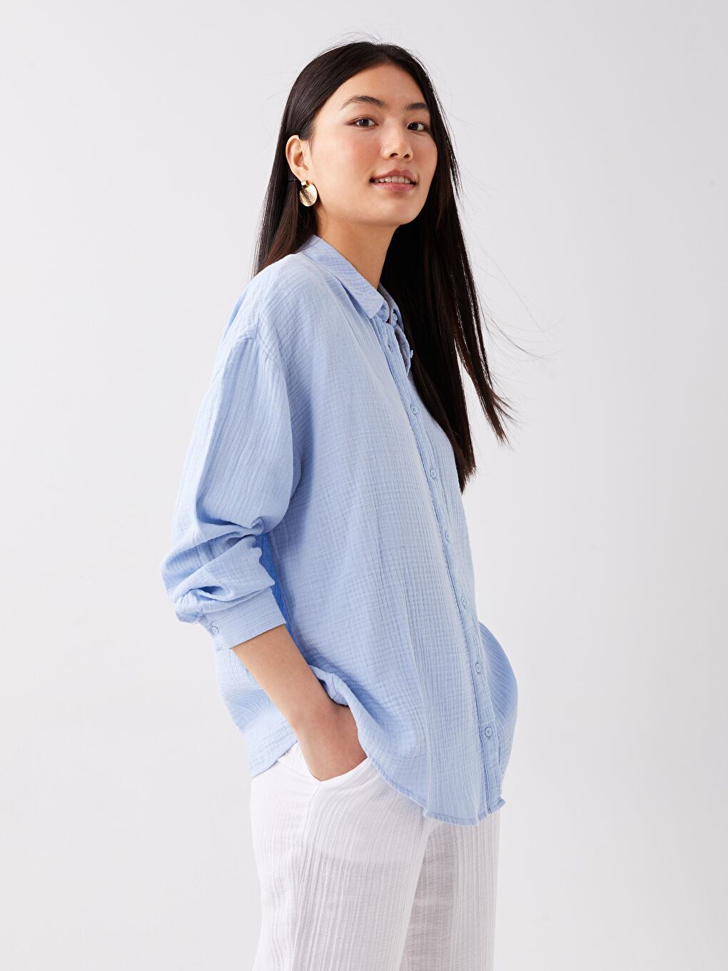 Риза за жени с предно закопчаване, изчистена, дълъг ръкав, овърсайз, муселинова материя