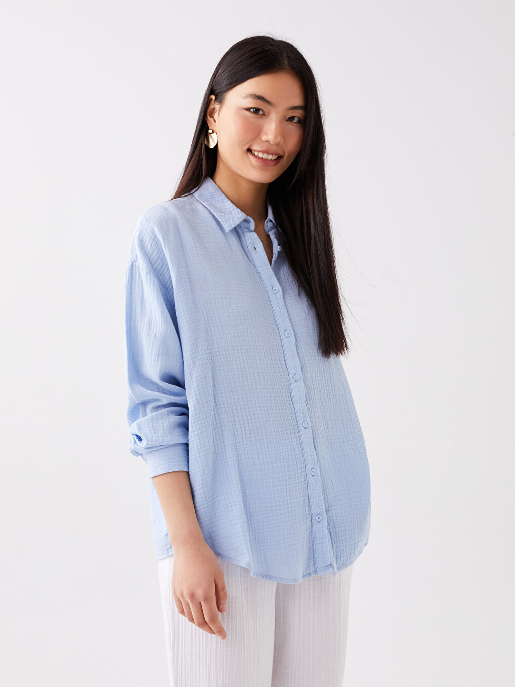 Риза за жени с предно закопчаване, изчистена, дълъг ръкав, овърсайз, муселинова материя-1