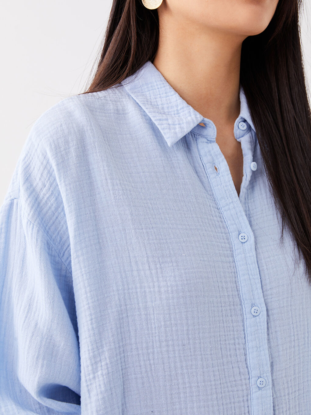 Риза за жени с предно закопчаване, изчистена, дълъг ръкав, овърсайз, муселинова материя-3