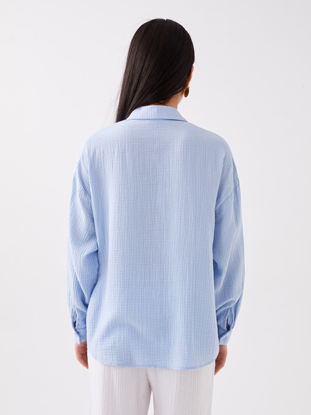 Риза за жени с предно закопчаване, изчистена, дълъг ръкав, овърсайз, муселинова материя-4