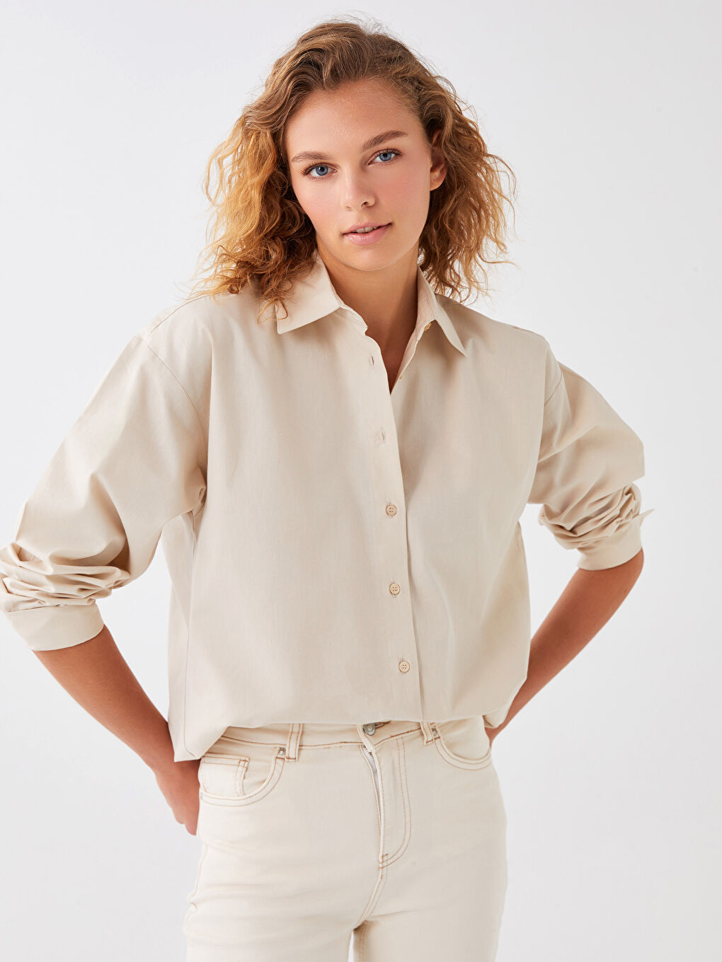 Bej Poplin Kadın Gömlek