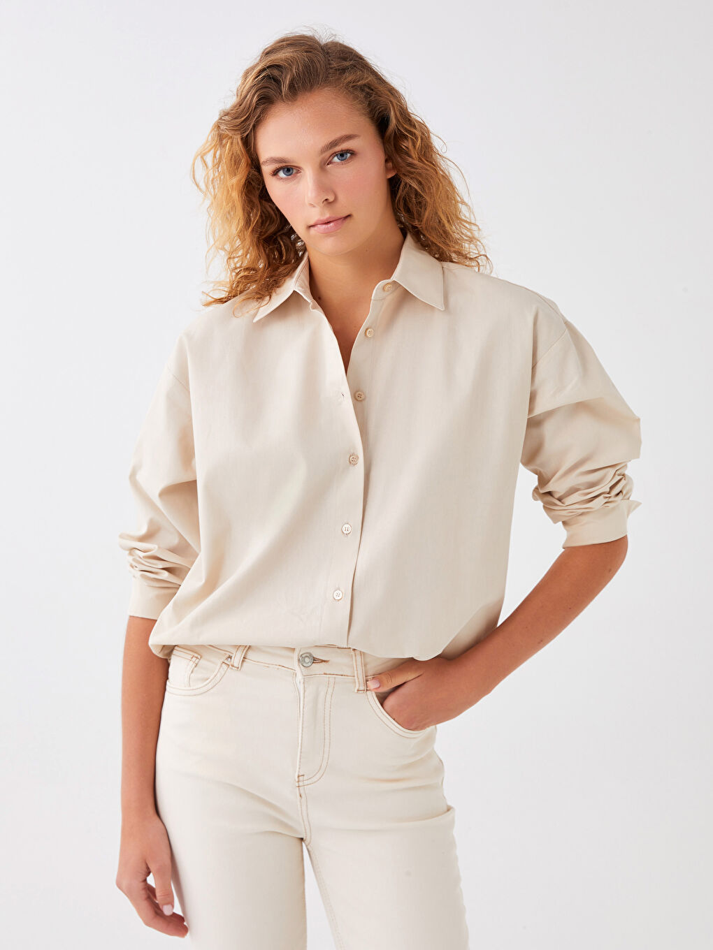 Bej Poplin Kadın Gömlek-1