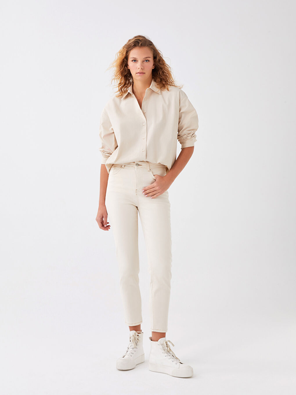 Bej Poplin Kadın Gömlek-2