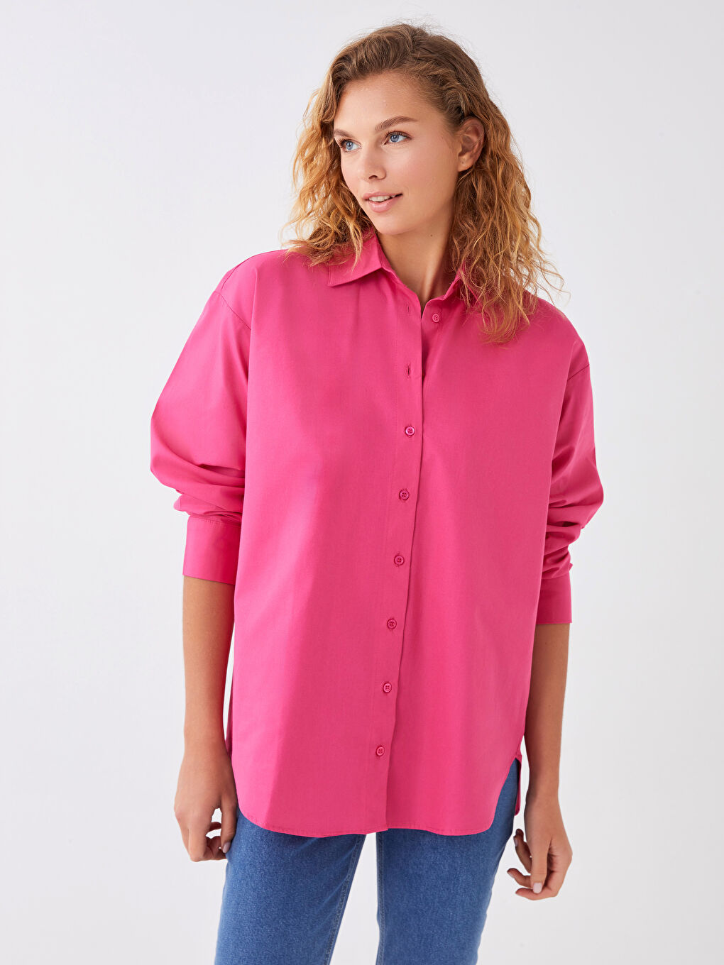 Fuşya Poplin Kadın Gömlek-1