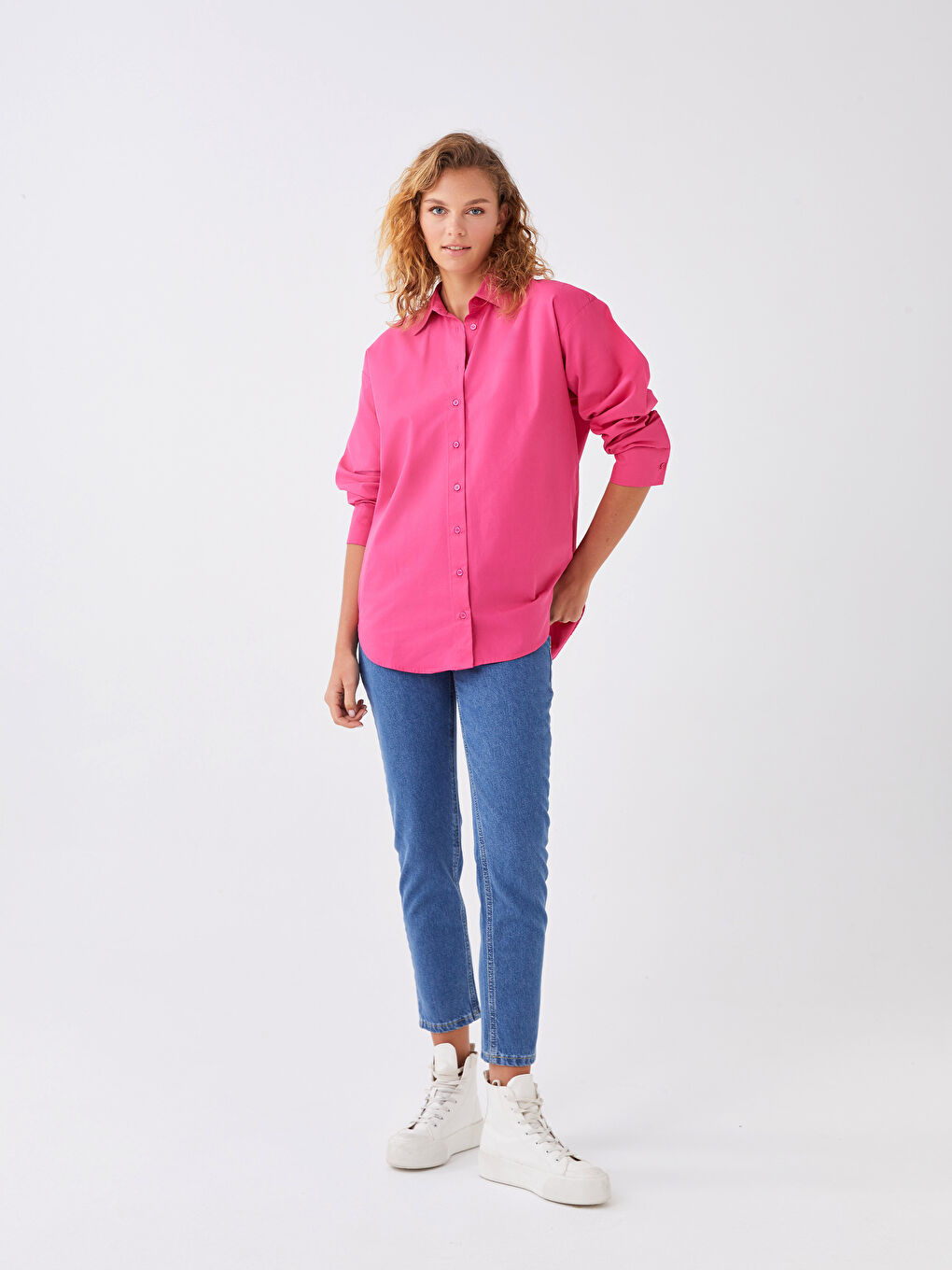 Fuşya Poplin Kadın Gömlek-2