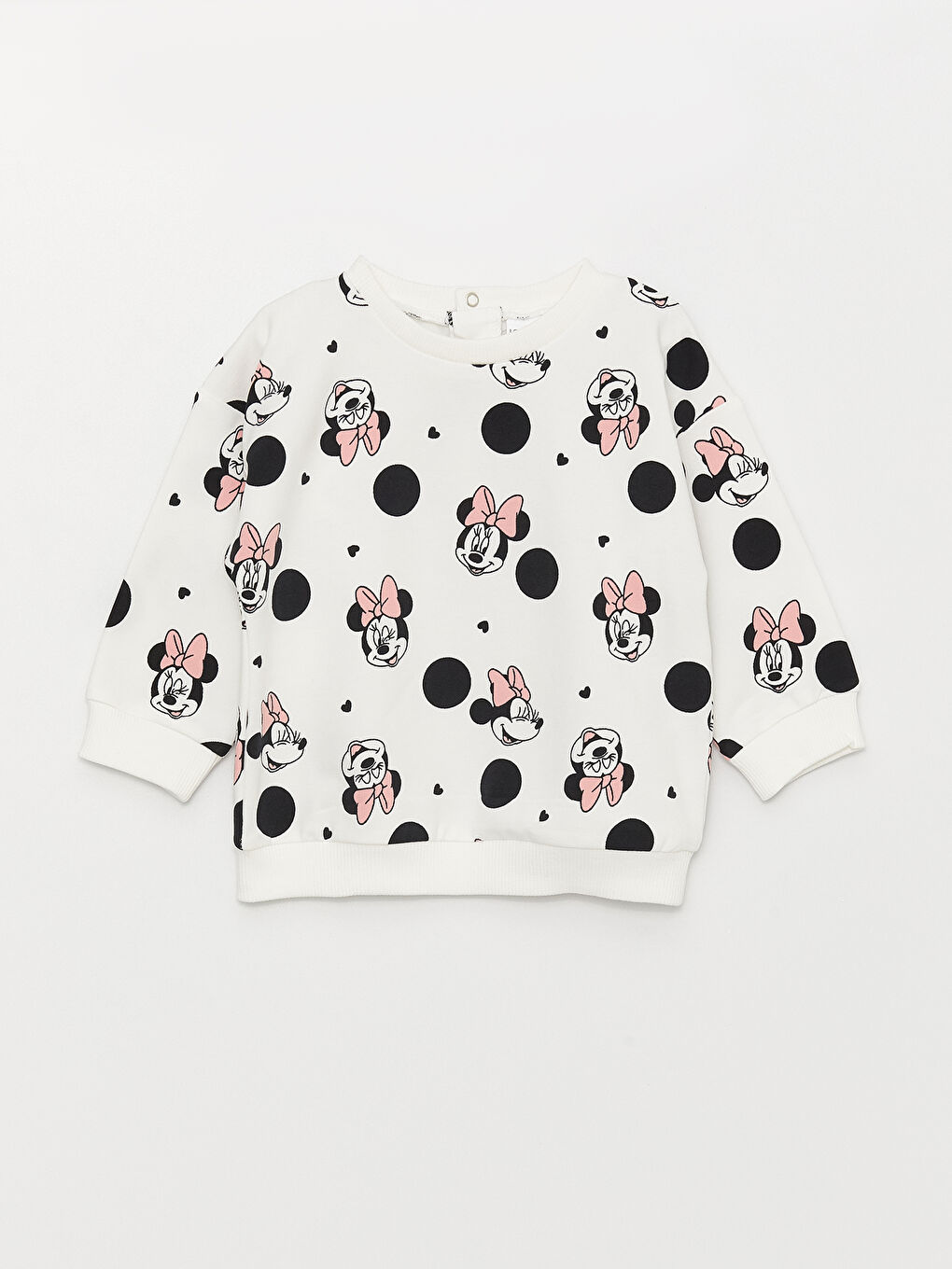 Ekru Bisiklet Yaka Uzun Kollu Minnie Mouse Baskılı Kız Bebek Sweatshirt ve Eşofman Alt 2'li Takım-1