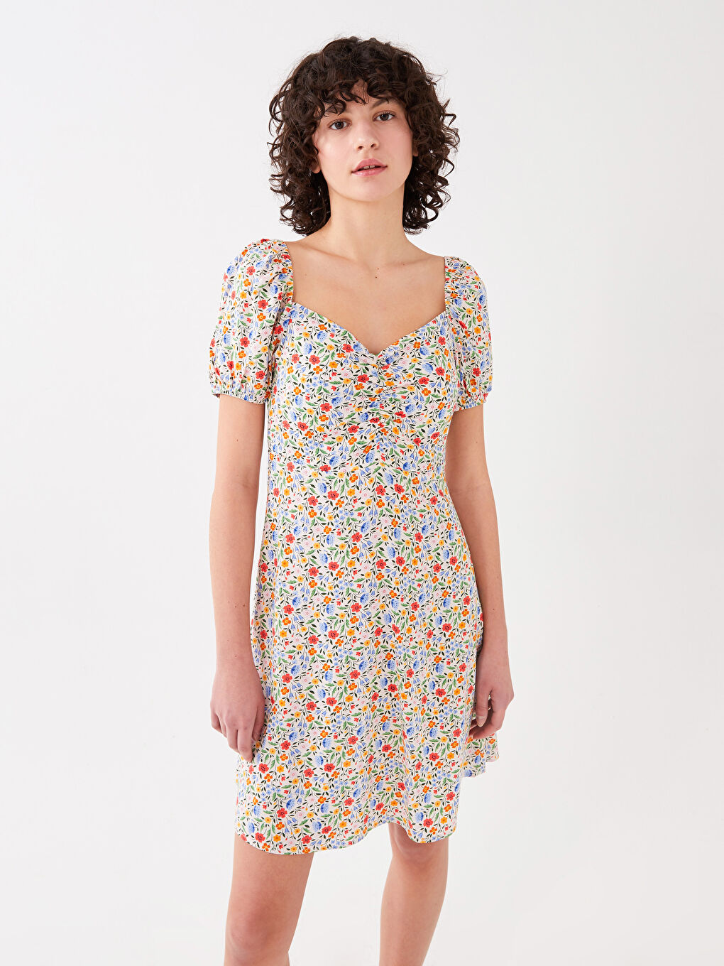 Women's Heart Collar Floral Short Sleeve Dress -S3BY78Z8-FFC