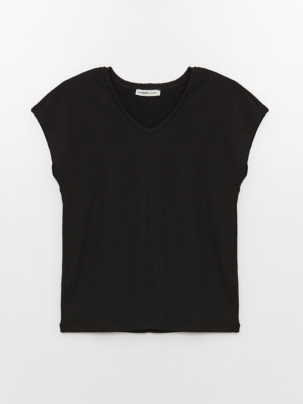 Siyah V Yaka Düz Kısa Kollu Kadın Tişört-4