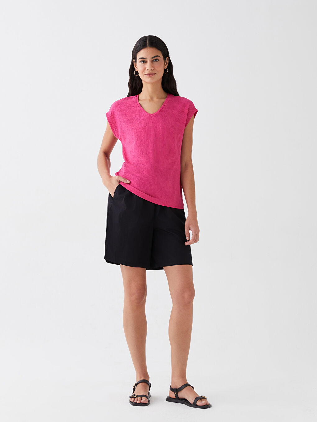Fuşya V Yaka Düz Kısa Kollu Kadın Tişört-2