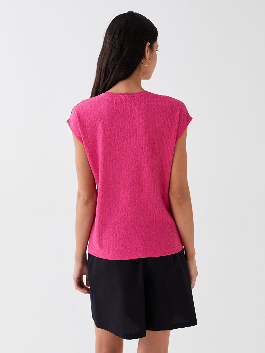 Fuşya V Yaka Düz Kısa Kollu Kadın Tişört-4