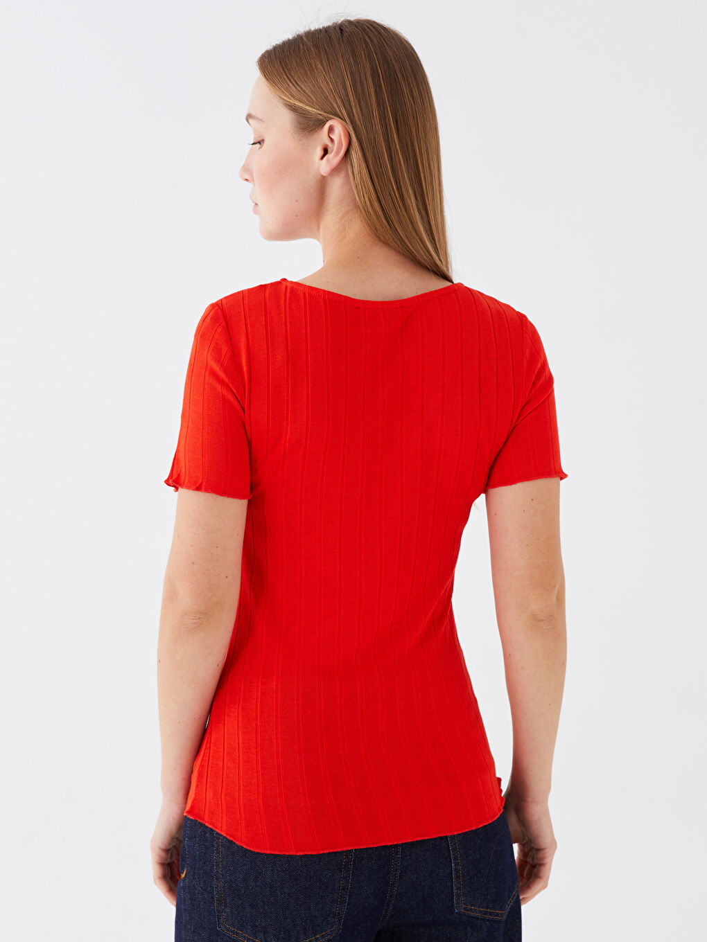 Kırmızı V Yaka Düz Kısa Kollu Kadın Tişört-3